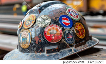 A closeup view of a workers hard hat shows a variety of stickers indicating their compliance with safety regulations 132466223