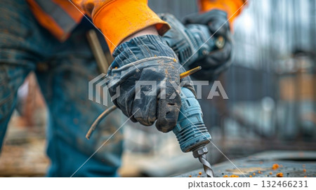 Protective gloves on the worker runs a hand along the sharp edges and joints of a newlydelivered construction drill 132466231