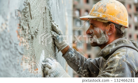 A construction worker hard at work applying layer after layer of paint to a new wall until it reaches a flawless finish 132466281