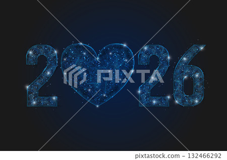 Abstract isolated blue image of new year number 2026. Polygonal low poly wireframe illustration looks like stars in the black night sky in space or flying glass shards. Digital web, internet design. Abstract isolated blue image of new year number 2026. Polygonal low poly wireframe illustration looks like stars in the black night sky in space or flying glass shards. Digital web, internet design. 132466292