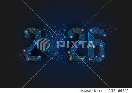 Abstract isolated blue image of new year number 2026. Polygonal low poly wireframe illustration looks like stars in the black night sky in space or flying glass shards. Digital web, internet design. Abstract isolated blue image of new year number 2026. Polygonal low poly wireframe illustration looks like stars in the black night sky in space or flying glass shards. Digital web, internet design. 132466295