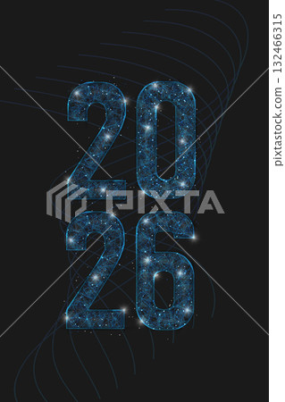 Abstract isolated blue image of new year number 2026. Polygonal low poly wireframe illustration looks like stars in the black night sky in space or flying glass shards. Digital web, internet design. Abstract isolated blue image of new year number 2026. Polygonal low poly wireframe illustration looks like stars in the black night sky in space or flying glass shards. Digital web, internet design. 132466315