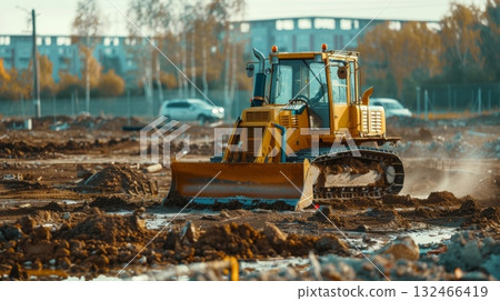 A bulldozer clearing and leveling the surrounding land making space for a large parking lot 132466419