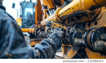 A maintenance worker using a specialized grease gun to lubricate the moving parts of a mini excavator keeping them running smoothly and preventing wear and tear 132466453