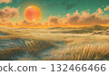 A large orange sun is in the sky above a field of tall grass 132466466