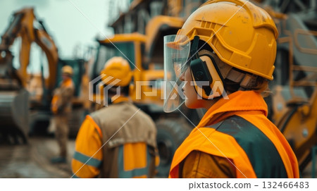A team of workers decked out in helmets face shields and earplugs operate heavy machinery with caution 132466483