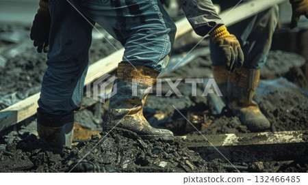Two workers wearing heavy duty gloves and steeltoed boots carefully maneuver a pile of construction materials 132466485