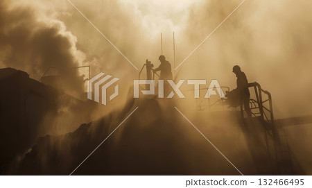 Hidden behind a cloud of dust workers use power saws to through the metal framework of the wall making it easier to dismantle 132466495