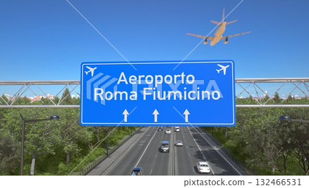 Blue motorway sign for Rome Fiumicino Airport with an airliner flying above along the road toward the airport. 3D rendering 132466531