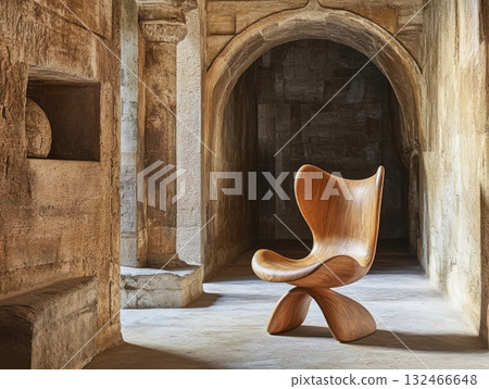Modern Wooden Chair in Ancient Stone Hallway 132466648