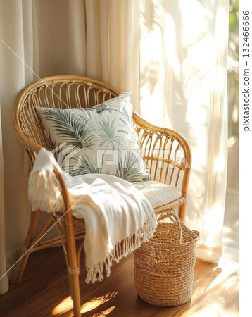 Relaxing Rattan Chair with Tropical Leaf Pillow and Cream Throw 132466666