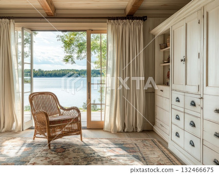 Rustic Lake House Interior with Wicker Chair and Lake View 132466675