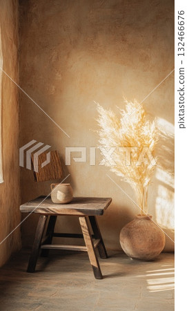 Rustic Room Interior with Wooden Stool, Beige Vase and Pampas Grass in Warm Sunlight Rustic Room Interior with Wooden Stool, Beige Vase and Pampas Grass in Warm Sunlight 132466676