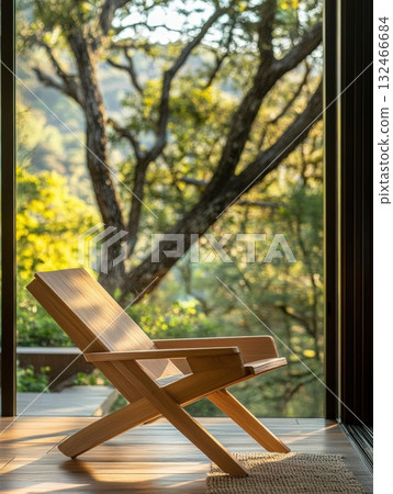 Rustic Wooden Chair with Natural Light and Lush Green Landscape View Rustic Wooden Chair with Natural Light and Lush Green Landscape View 132466684