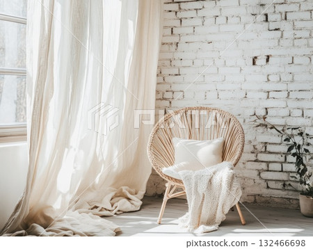 Serene Room Interior with Wicker Chair and Cream Throw 132466698