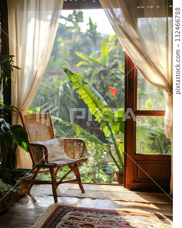 Sunlit Tropical Garden View from Room with Wooden Chair Sunlit Tropical Garden View from Room with Wooden Chair 132466788