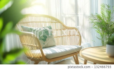 Sunlit Wicker Armchair in a Peaceful Room Setting Sunlit Wicker Armchair in a Peaceful Room Setting 132466793