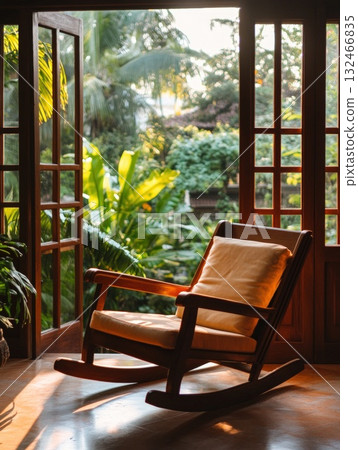 Wooden Rocking Chair on Sunlit Porch Overlooking Lush Tropical Garden 132466835