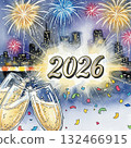 Festive illustration depicting fireworks in blue, red, and yellow bursting over a city skyline at night. 2026 is prominently displayed in the center with a bright burst behind it 132466915