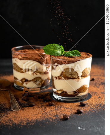Tiramisu sprinkled with cocoa powder Tiramisu sprinkled with cocoa powder 132466960