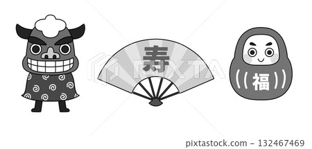 Monochrome New Year's lucky charm illustration set (lion dance, folding fan, daruma) Monochrome New Year's lucky charm illustration set (lion dance, folding fan, daruma) 132467469
