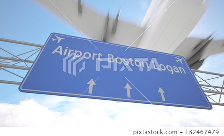Bright blue motorway indicator toward Boston Logan Airport with jetliner gliding toward the runway, arriving to Boston, United States. 3D rendering 132467479