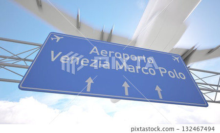 Detailed airport direction sign near Venice Marco Polo Airport with plane nearing the city skyline, arriving to Venice, Italy. 3D rendering Detailed airport direction sign near Venice Marco Polo Airport with plane nearing the city skyline, arriving to Venice, Italy. 3D rendering 132467494
