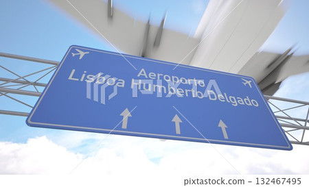Bright blue motorway indicator toward Lisbon Humberto Delgado Airport with jetliner gliding toward the runway, arriving to Lisbon, Portugal. 3D rendering Bright blue motorway indicator toward Lisbon Humberto Delgado Airport with jetliner gliding toward the runway, arriving to Lisbon, Portugal. 3D rendering 132467495