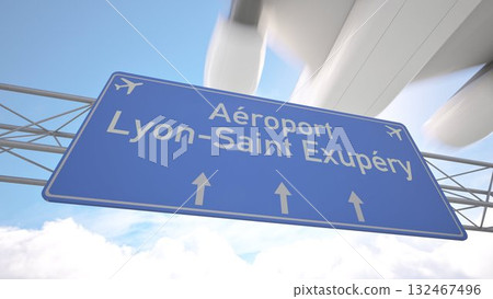 Realistic 3D render of blue sign near Lyon Saint Exupery Airport with plane nearing the city skyline, arriving to Lyon, France. 3D rendering 132467496
