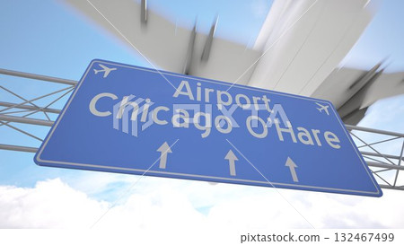 Clean 3D road sign near Chicago Ohare Airport with commercial jet arriving from the horizon, arriving to Chicago, United States. 3D rendering Clean 3D road sign near Chicago Ohare Airport with commercial jet arriving from the horizon, arriving to Chicago, United States. 3D rendering 132467499