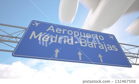 Airport road marker showing Madrid Barajas Airport with jet flying low before landing, arriving to Madrid, Spain. 3D rendering 132467508
