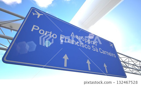 Highway direction sign for Porto Francisco Sa Carneiro Airport with jet ascending across clear blue sky, departing from Porto, Portugal. 3D rendering 132467528