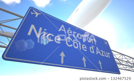 Minimalist transport sign for Nice Cote dAzur Airport with plane lifting off beyond the sign, departing from Nice, France. 3D rendering 132467529