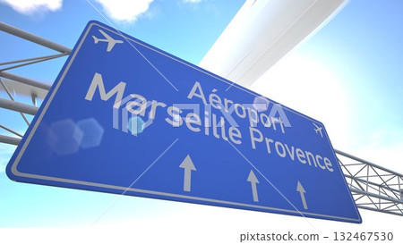 Bright blue motorway indicator toward Marseille Provence Airport with passenger jet rising toward the horizon, departing from Marseille, France. 3D rendering 132467530