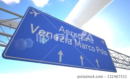 Clean 3D road sign near Venice Marco Polo Airport with plane lifting off beyond the sign, departing from Venice, Italy. 3D rendering 132467531