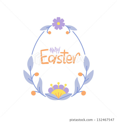 Happy Easter text inside festive bloom egg shape frame. Floral border with foliage crown blue leaves blossom flowers, spring lettering. Holiday congrats handwriting script botanical greeting wordmark Happy Easter text inside festive bloom egg shape frame. Floral border with foliage crown blue leaves blossom flowers, spring lettering. Holiday congrats handwriting script botanical greeting wordmark 132467547