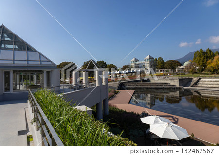 Gunma Flower Park Plus: Minamo Pond and the Twin Towers viewed from the rooftop of Minamo Terrace 132467567