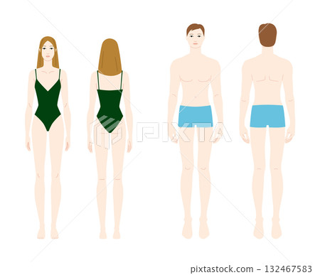 Male and female body template front and back view, Porcelain Fair skin tone diversity man, woman. Flat vector anatomy Male and female body template front and back view, Porcelain Fair skin tone diversity man, woman. Flat vector anatomy 132467583