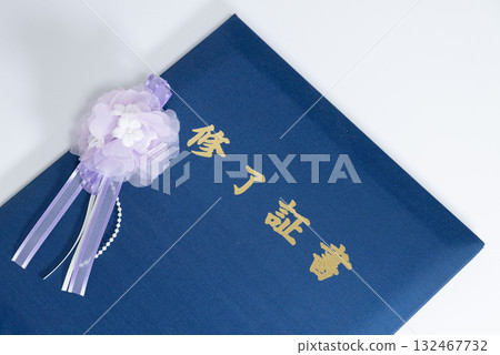 Navy blue certificate and corsage 132467732