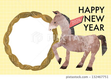 Cute horse illustration and photo frame New Year's card template for the Year of the Horse 2026 Cute horse illustration and photo frame New Year's card template for the Year of the Horse 2026 132467751