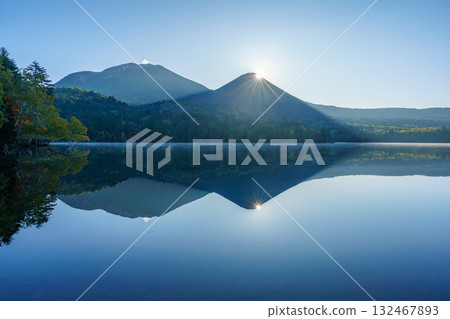Double Diamond Akan Fuji reflected in Lake Onneto Double Diamond Akan Fuji reflected in Lake Onneto 132467893