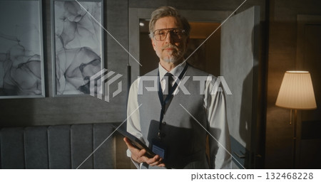 Stylish Man Enters Hotel Room After Giving Presentation Business Conference 132468228