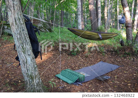 Hammock night camping in the forest Hammock night camping in the forest 132468922