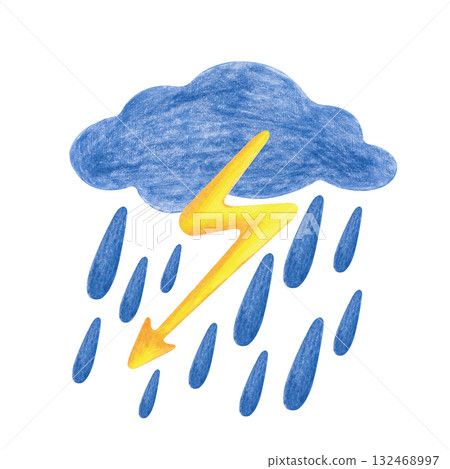 Stylized thunderstorm, hand-drawn. The colored pencil drawing with a dark cloud, lightning and rain is isolated on a white background. The icon of a natural phenomenon. Clipart. Stylized thunderstorm, hand-drawn. The colored pencil drawing with a dark cloud, lightning and rain is isolated on a white background. The icon of a natural phenomenon. Clipart. 132468997