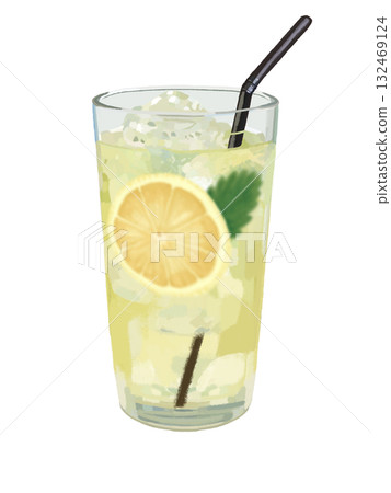 Lemonade with sliced lemon and mint leaves, served with a straw Lemonade with sliced lemon and mint leaves, served with a straw 132469124
