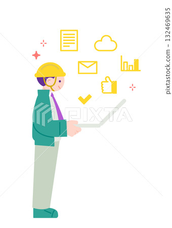 Image of DX and systemization in which a man in work clothes operates a laptop computer Image of DX and systemization in which a man in work clothes operates a laptop computer 132469635