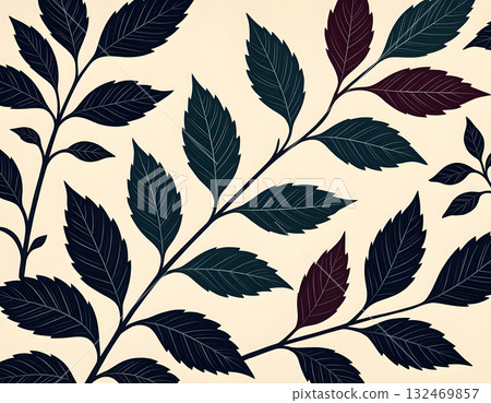 Minimalist pattern of dark foliage branches on a pale background 132469857