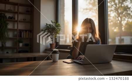 Woman Enjoying Coffee While Working on Laptop in Cozy Bright Workspace 132470188