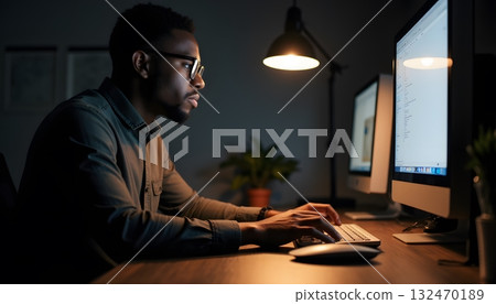 Focused Young Man Working Late at Night on Computer Monitors in Modern Office Setting Focused Young Man Working Late at Night on Computer Monitors in Modern Office Setting 132470189