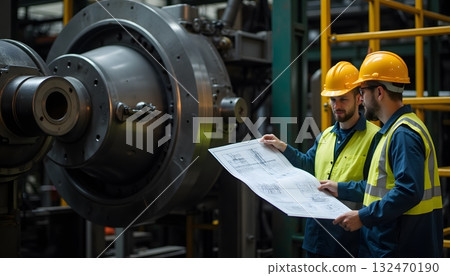 Engineers Inspecting Blueprints in Manufacturing Facility with Industrial Equipment 132470190